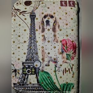 París Eiffel Tower Beagle Leather Wallet Wrist Strap Wristlet Bling